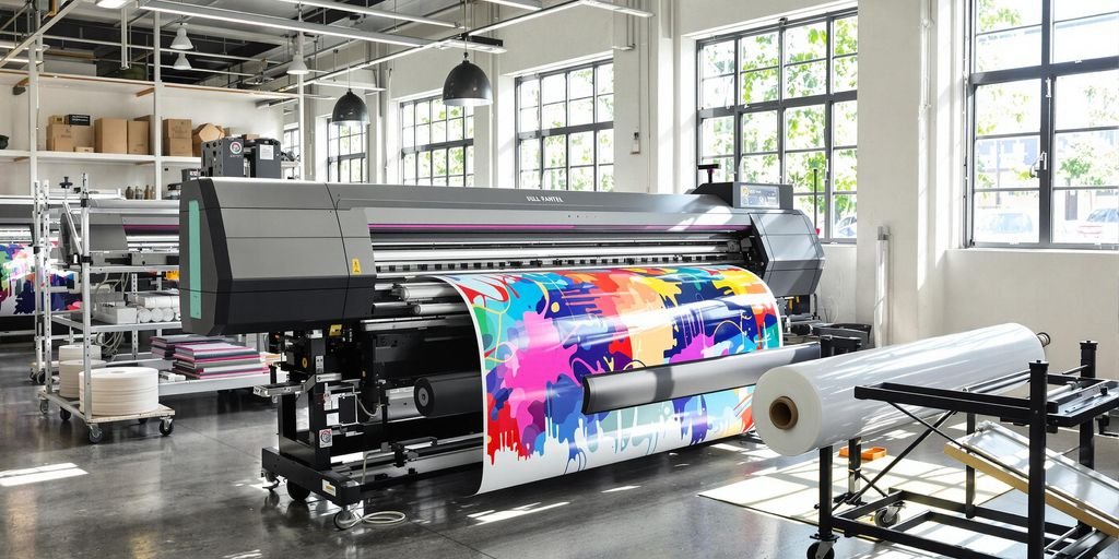 Workshop printer producing colorful roll beside window-lit polished concrete floor.
