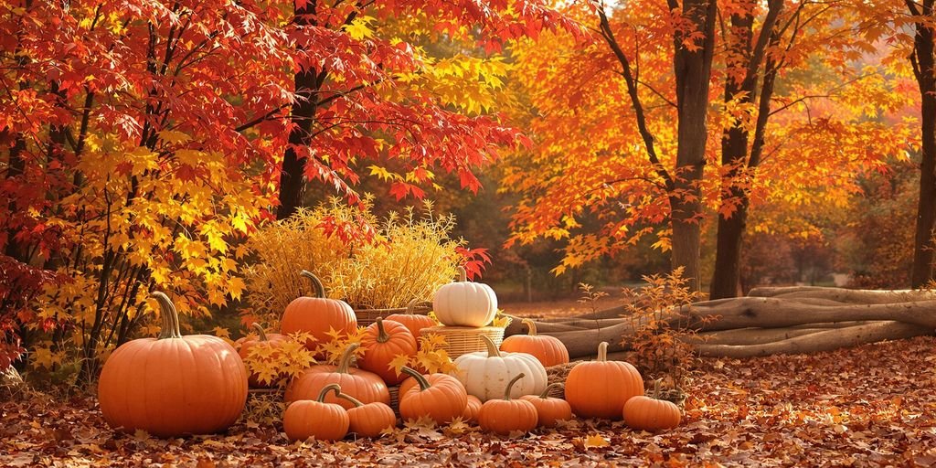 Cozy autumn scene with pumpkins and colorful leaves.