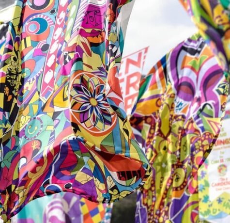 Vibrant custom event banners fluttering.