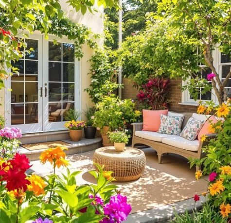 Lush garden with inviting, custom outdoor decorations.