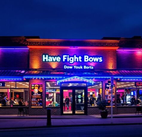 Vibrant illuminated outdoor business.